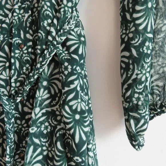 ZARA Sheer Leaf Print Belted Button Front Dress in Forest Green Boho - Size S - Picture 10 of 16